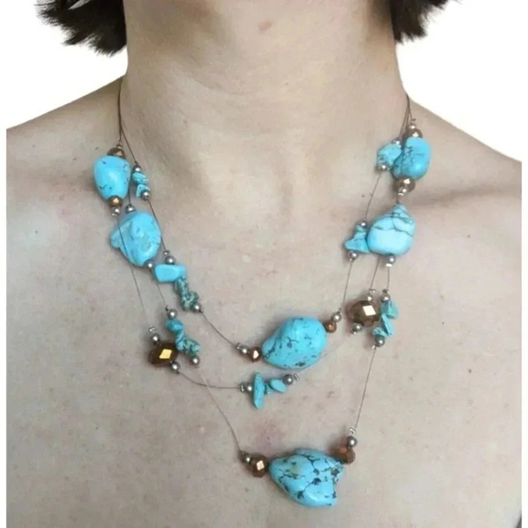 Turquoise Multi Strand Beaded Necklace Lobster Claw Manitee Length - Picture 3 of 5